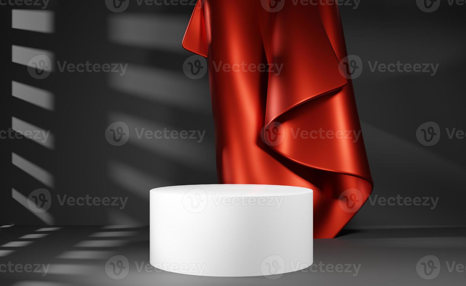 Red falling veil near white product display stage in dark studio. 3d render scene of dark room with product placement space. Podium for advertisement or gift presentation background or mockup photo