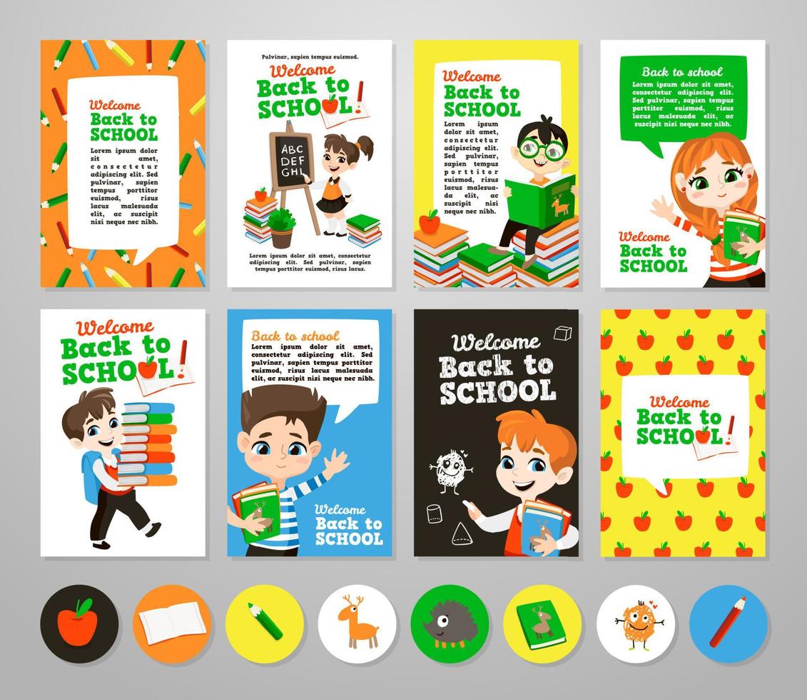 Back to school printable set with pupils. vector