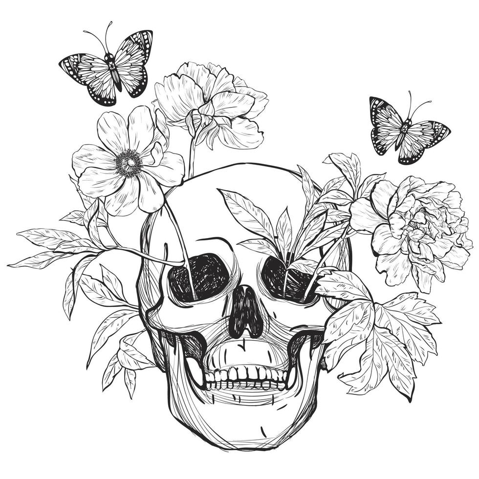 cráneo, flores y mariposa. vector