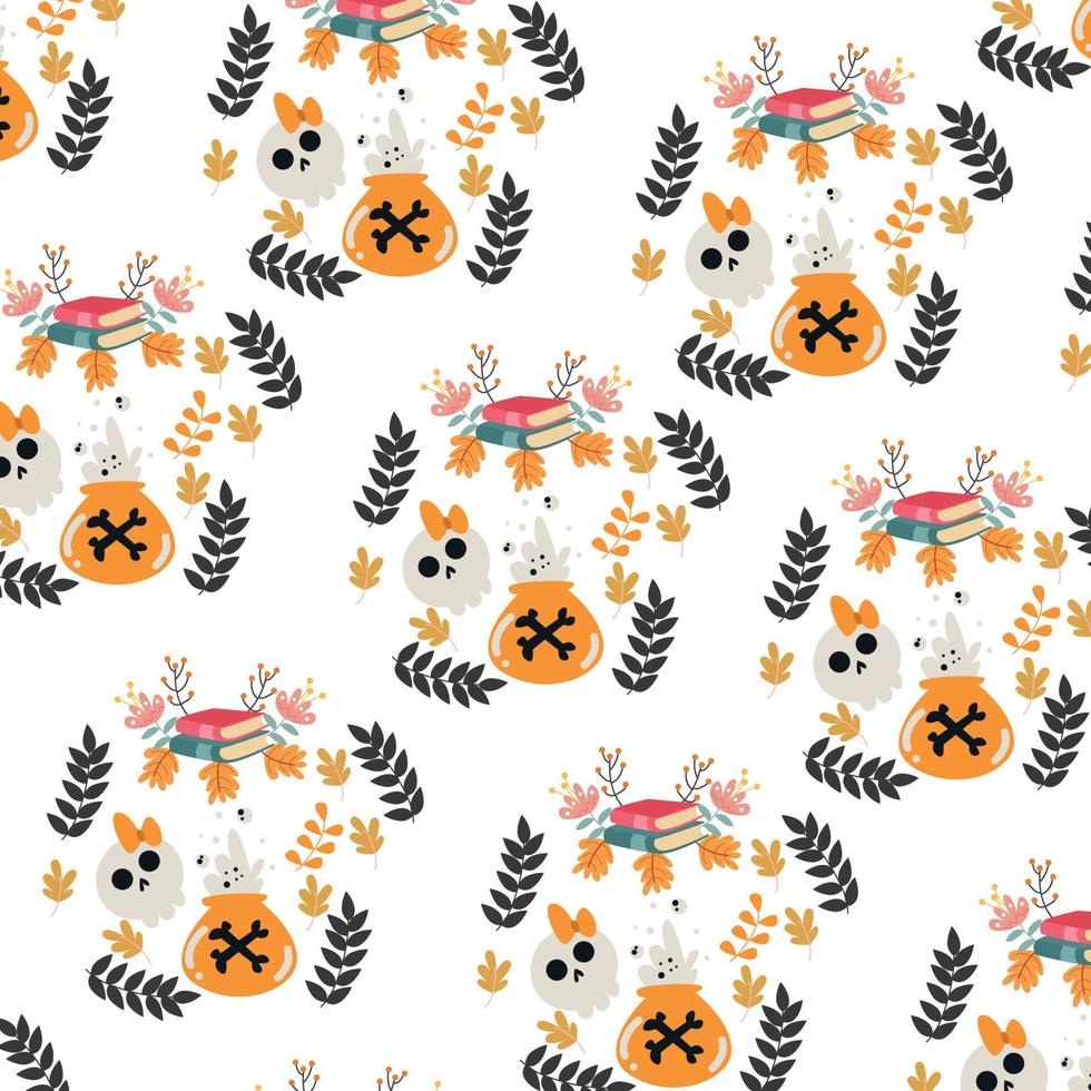 Delicate vector pattern for Halloween. Jars, ghosts, leaves on Halloween theme.