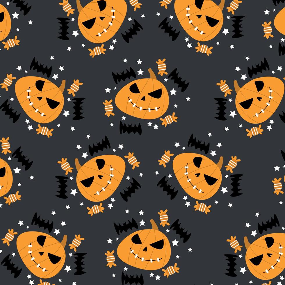 Halloween pattern with pumpkins, candy and bats in vector illustration.
