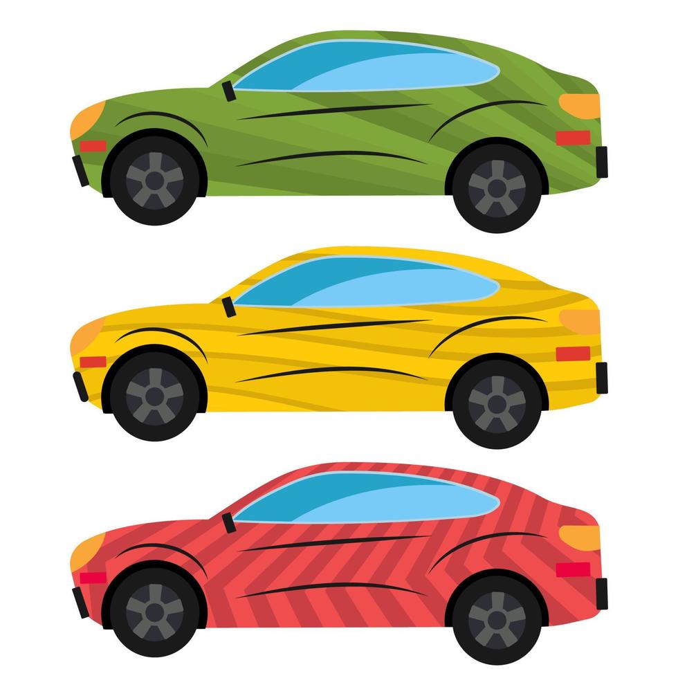 un conjunto de tres coches pintados en diferentes colores. ilustración vectorial vector