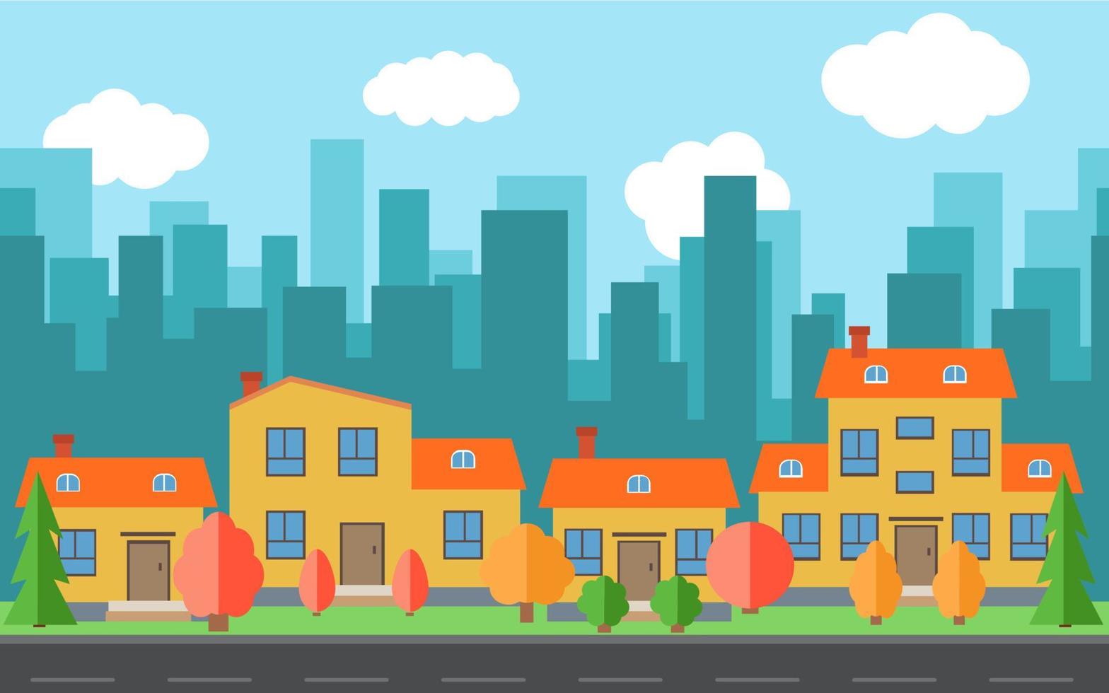 Vector city with cartoon houses and buildings. City space with road on flat style background concept. Summer urban landscape. Street view with cityscape on a background