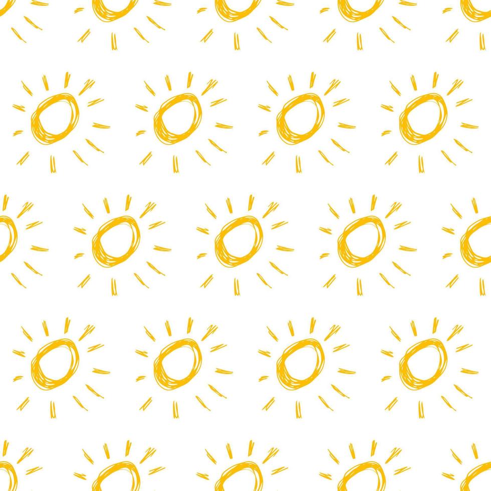 Hand drawn sun. Seamless pattern of simple sketch sun's. Solar symbol. Yellow doodle isolated on white background. Vector illustration.