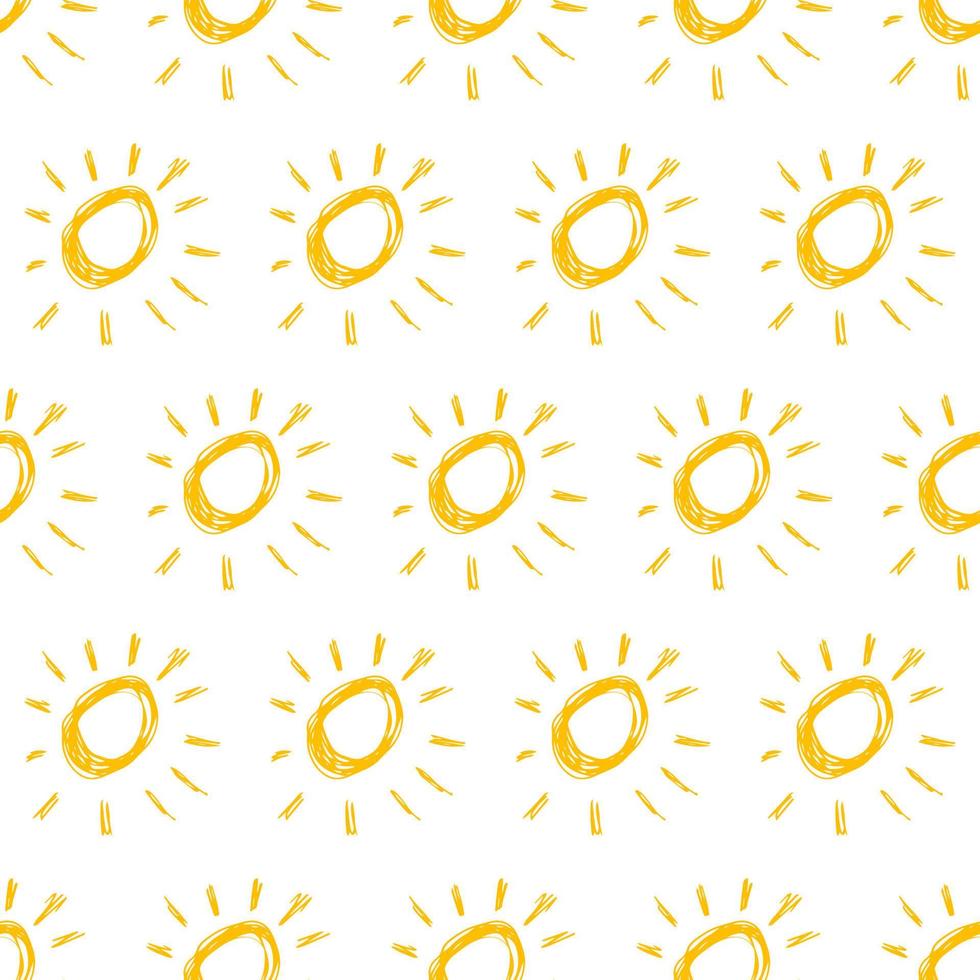 Hand drawn sun. Seamless pattern of simple sketch sun's. Solar symbol. Yellow doodle isolated on white background. Vector illustration.