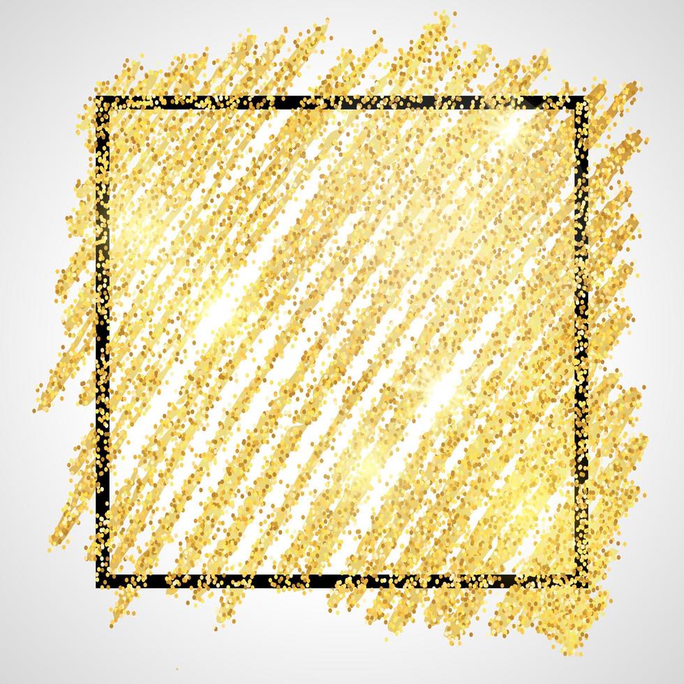 Golden Paint Glittering backdrop with black square frame on a white background. Background with gold sparkles and glitter effect. Empty space for your text. Vector illustration