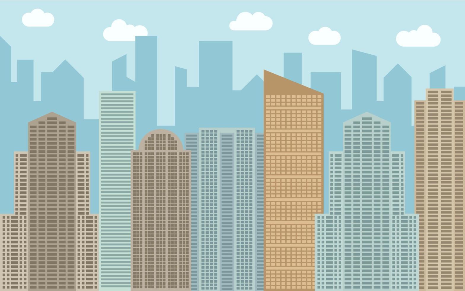 Vector urban landscape illustration. Street view with cityscape, skyscrapers and modern buildings at sunny day. City space in flat style background concept.