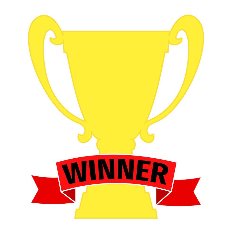 Champion cup in gold with red ribbon and incription winner. Championship prizes for first place. Victory symbols isolated on white background. vector