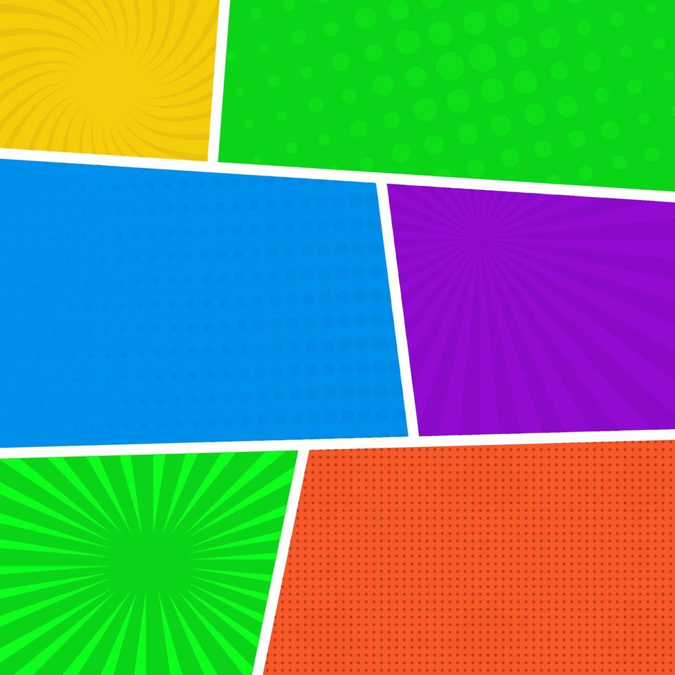 Colorful comic book page background in pop art style. Empty template with rays and dots pattern. Vector illustration