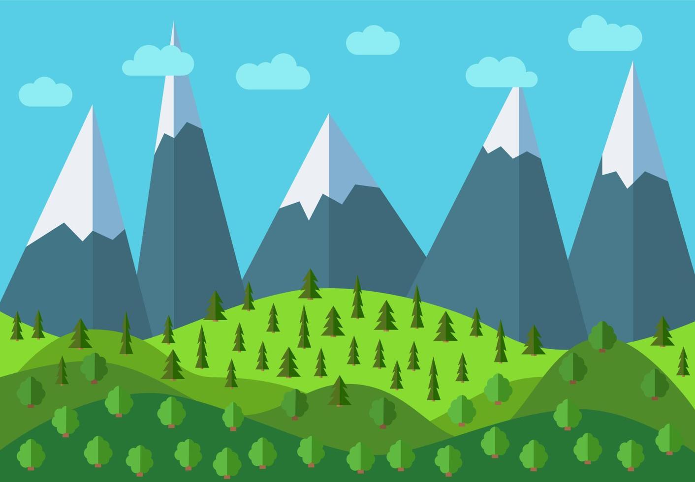 Vector panoramic mountain cartoon landscape. Natural landscape in the flat style with blue sky, clouds, trees, hills and mountains with snow on the peaks.