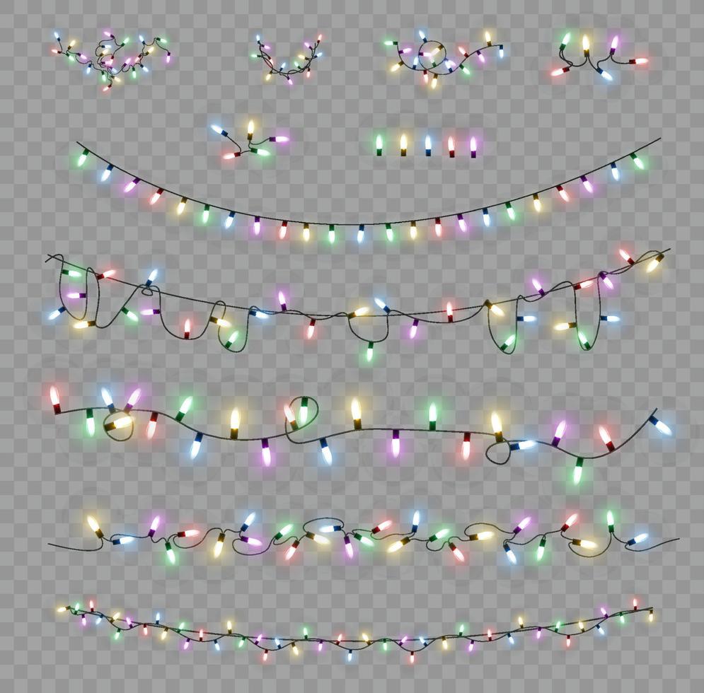 luces de Navidad. línea vectorial con bombillas de luz incandescente. conjunto de ilustración de lámpara de neón led de guirnalda brillante de navidad dorada. vector