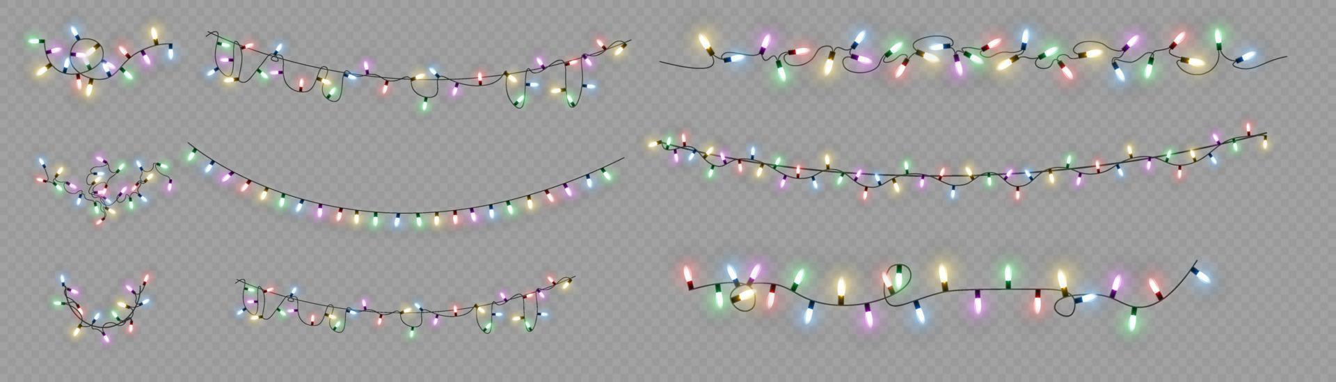 Christmas lights. Vector line with glowing light bulbs.Set of golden xmas glowing garland Led neon lamp illustration.