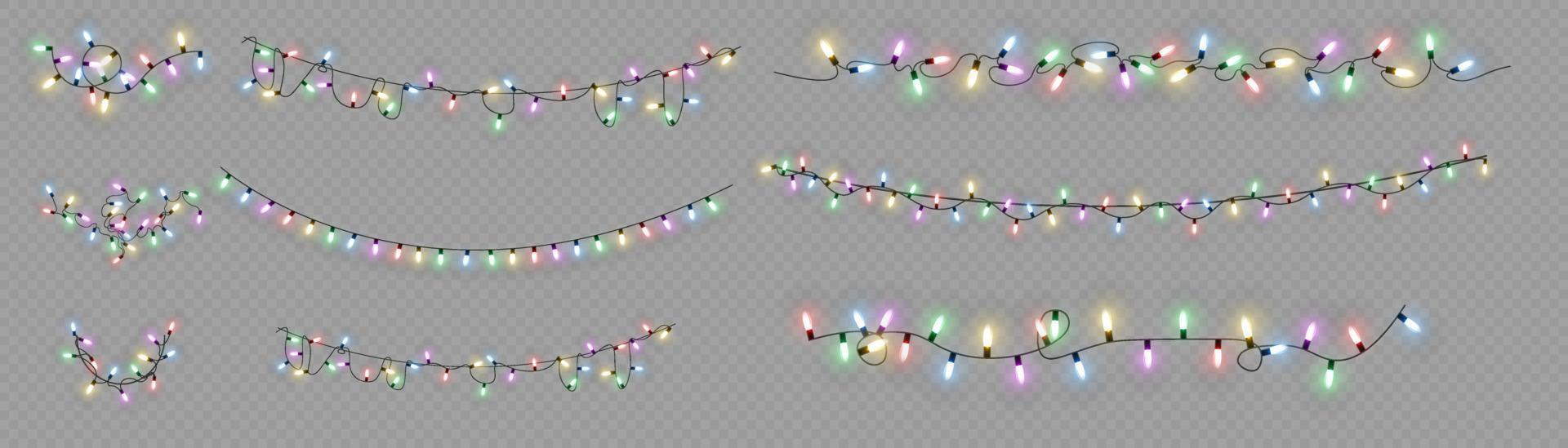 luces de Navidad. línea vectorial con bombillas de luz incandescente. conjunto de ilustración de lámpara de neón led de guirnalda brillante de navidad dorada. vector