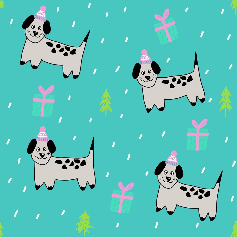 ilustración abstracta de garabatos de feliz navidad, patrón sin costuras con perros con sombrero, regalo, copos de nieve y árboles de navidad sobre fondo turquesa, estampado para decoración, moda infantil, diseño de interiores vector