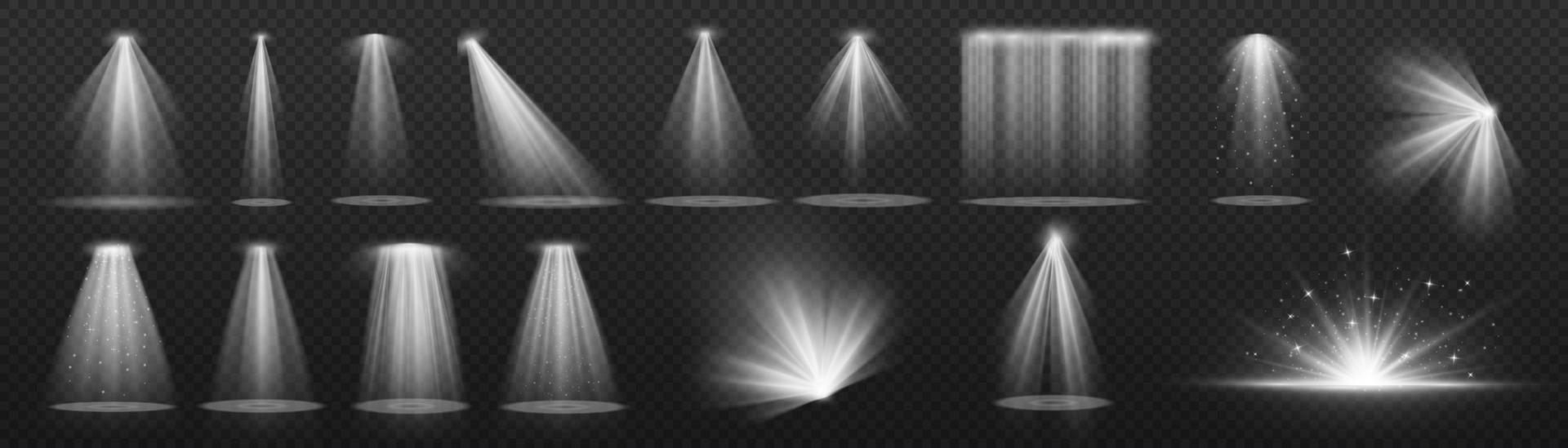 Vector spotlight. White color light effect. Glowing isolated golden sparkling light effect. Spark spotlight special effect design. Ray vector element.