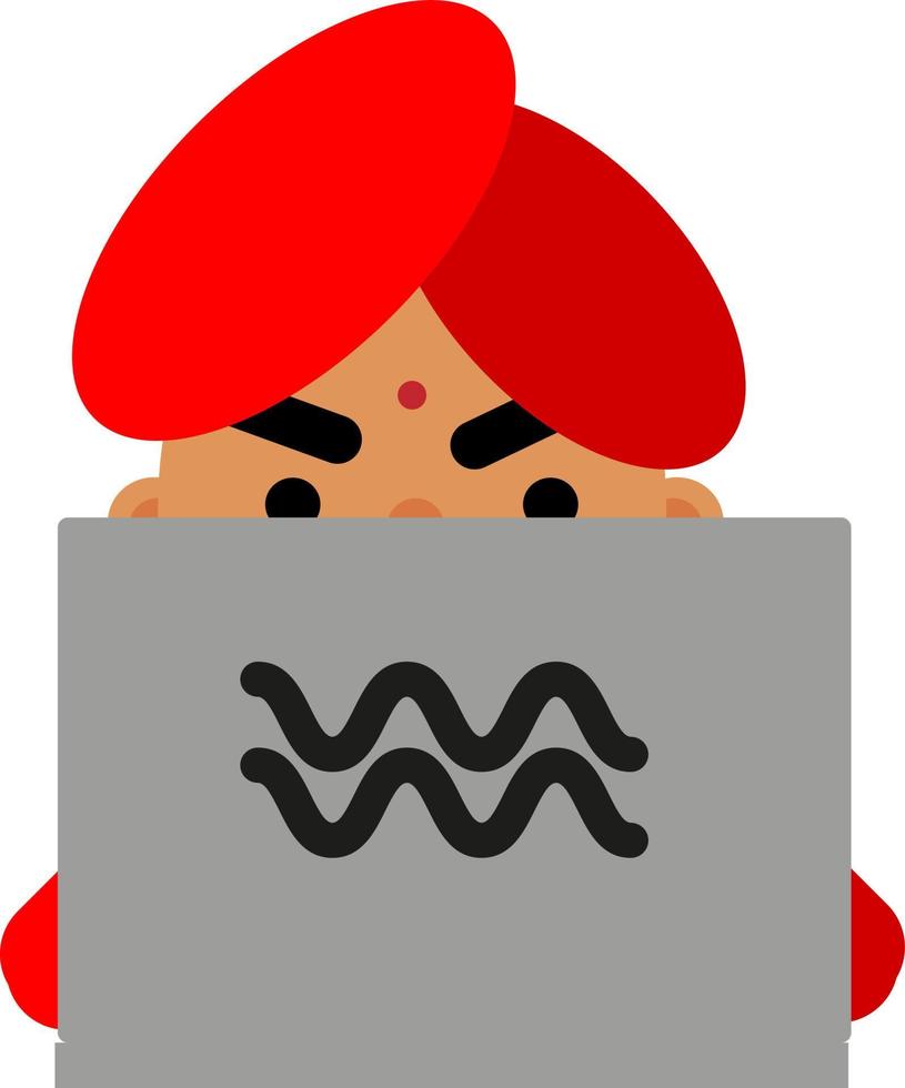 chico indio con portátil gris, ilustración, vector sobre fondo blanco.