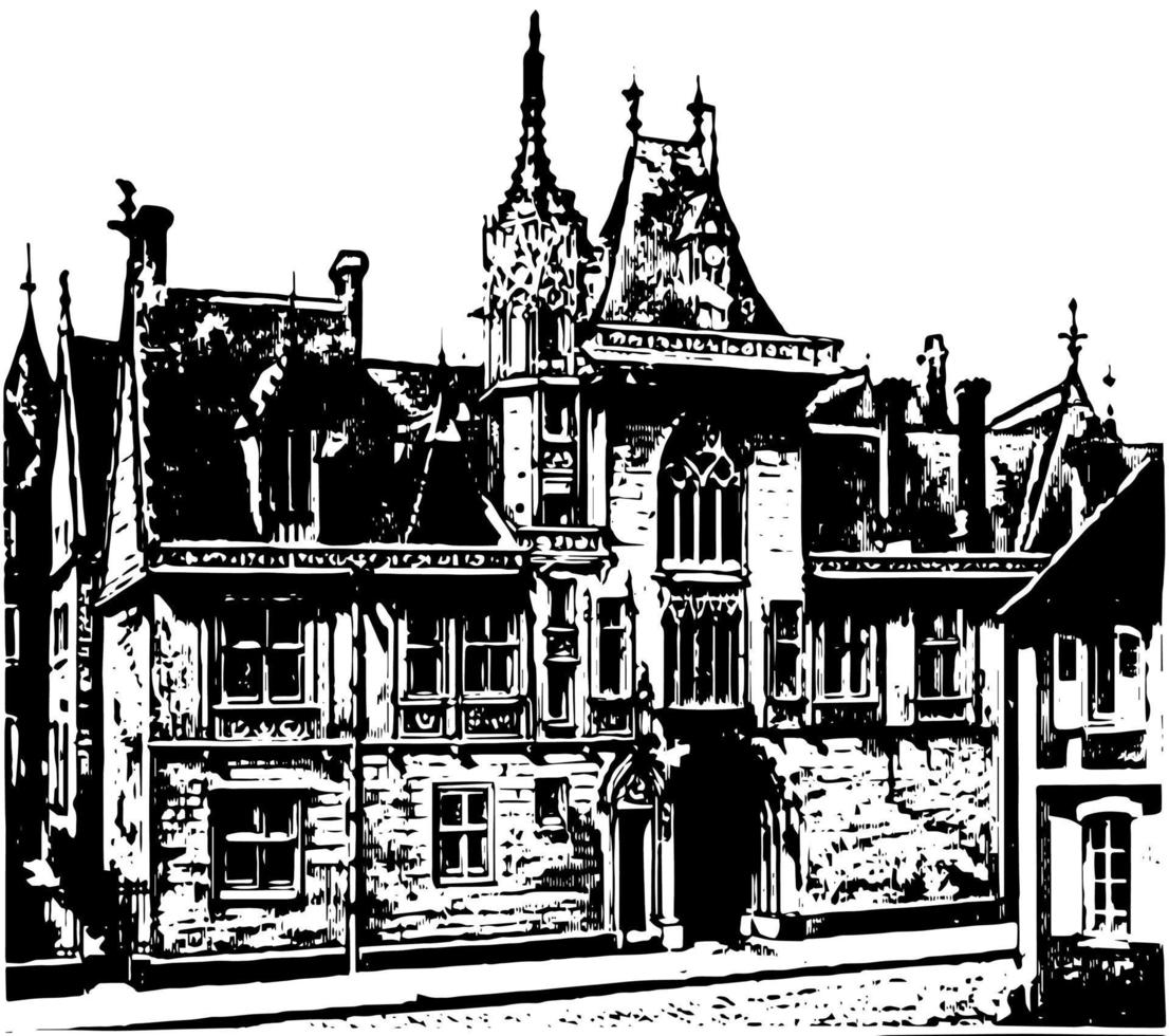 Jacques Coeur's House in Bourges, Romanesque, vintage engraving. vector