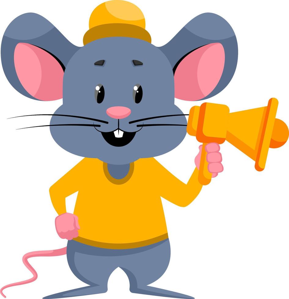 Ratón con megáfono, ilustración, vector sobre fondo blanco.