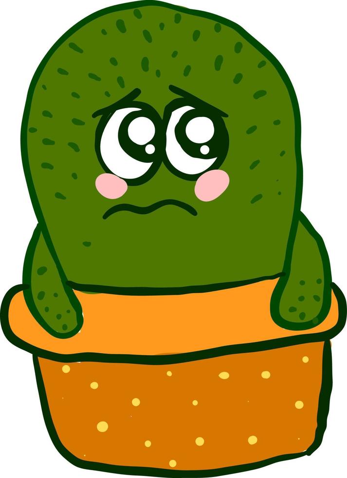 Cactus in orange pot is looking sad, illustration, vector on white background.