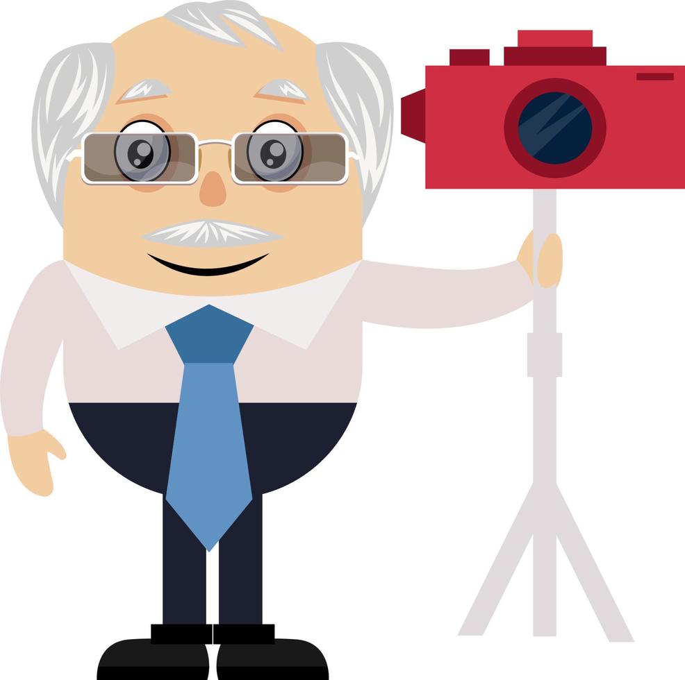 Old man with red camera, illustration, vector on white background.
