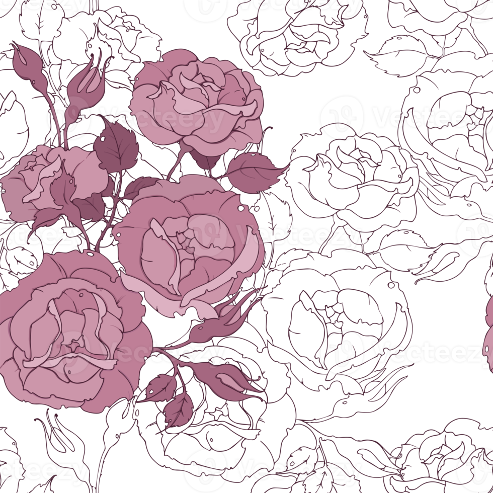 Seamless floral pattern with tender pink roses on white background. Drawing flowers and buds vector illustration png