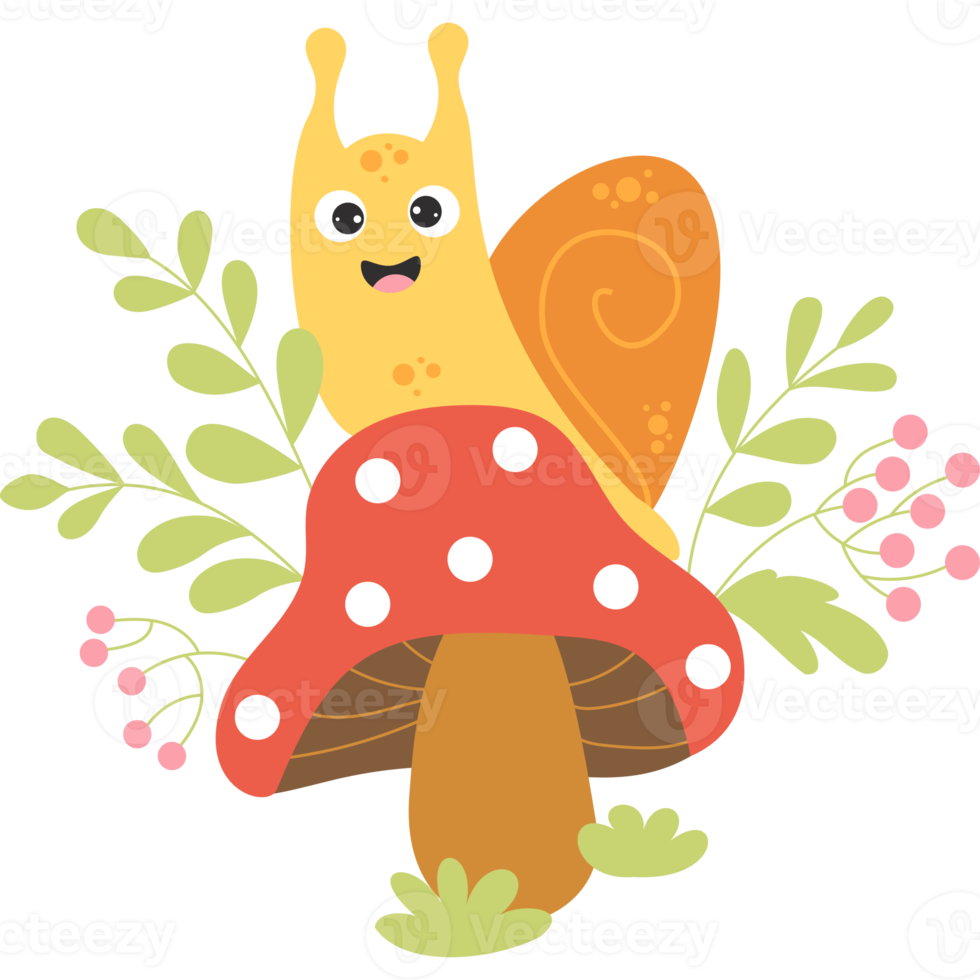 Funny snail on fly agaric mushroom png