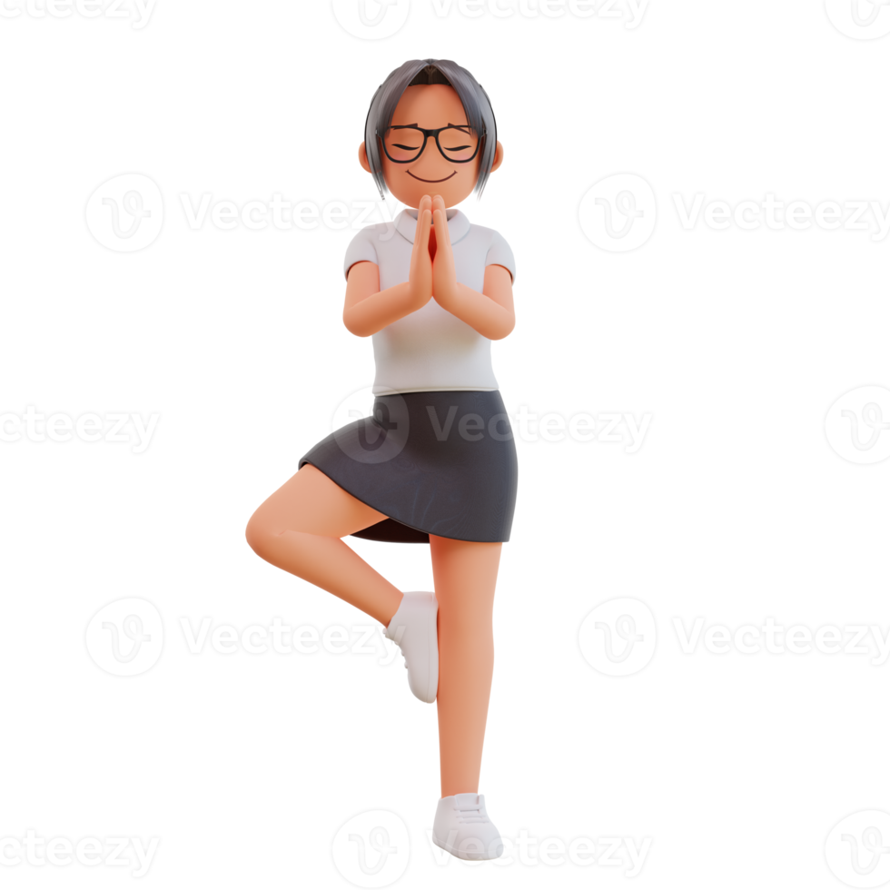 Young businesswoman yoga pose 3d cartoon illustration png