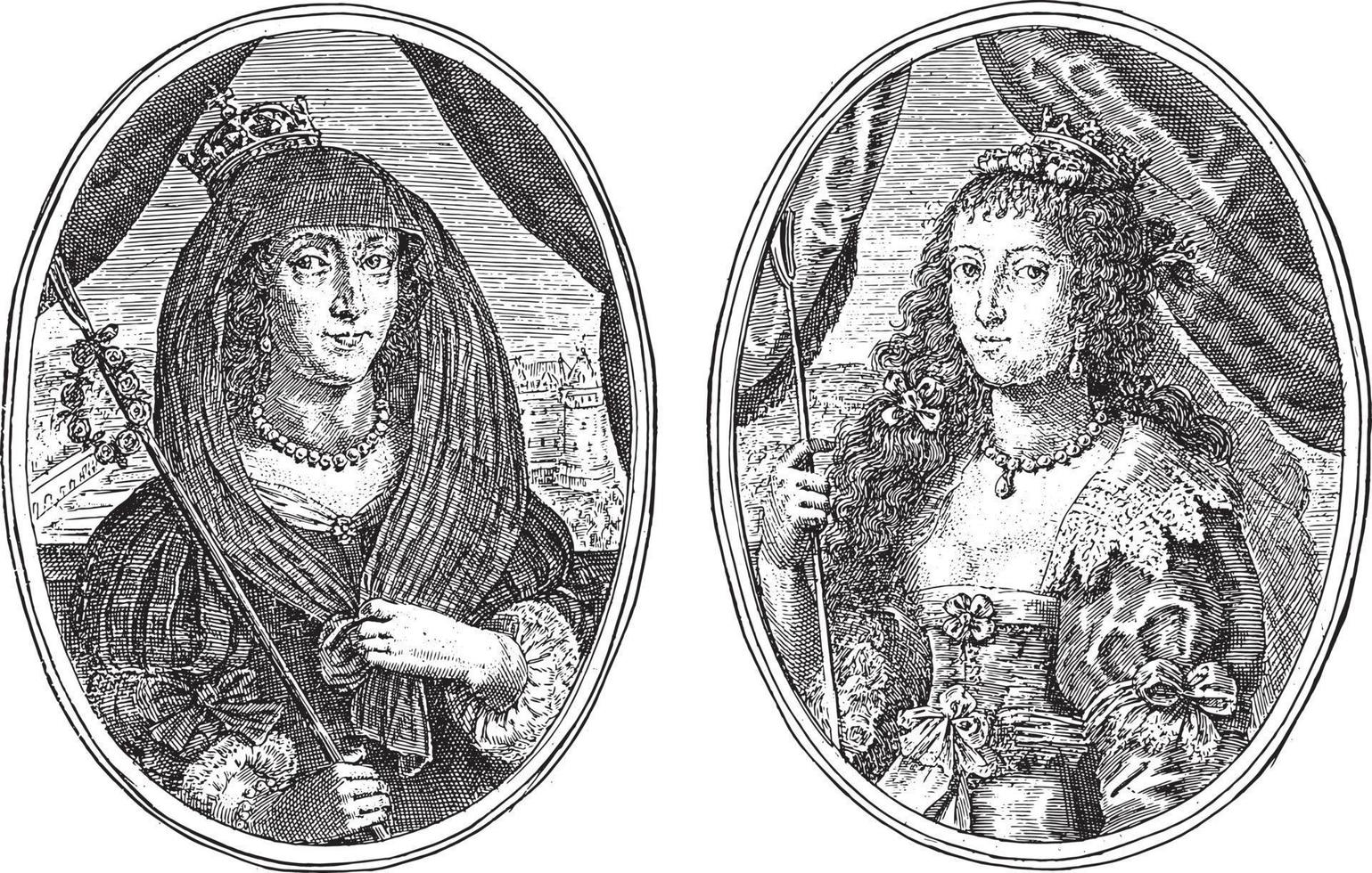 Portraits of Elisabeth Stuart and Louisa Juliana, both as shepherdess, vintage illustration. vector