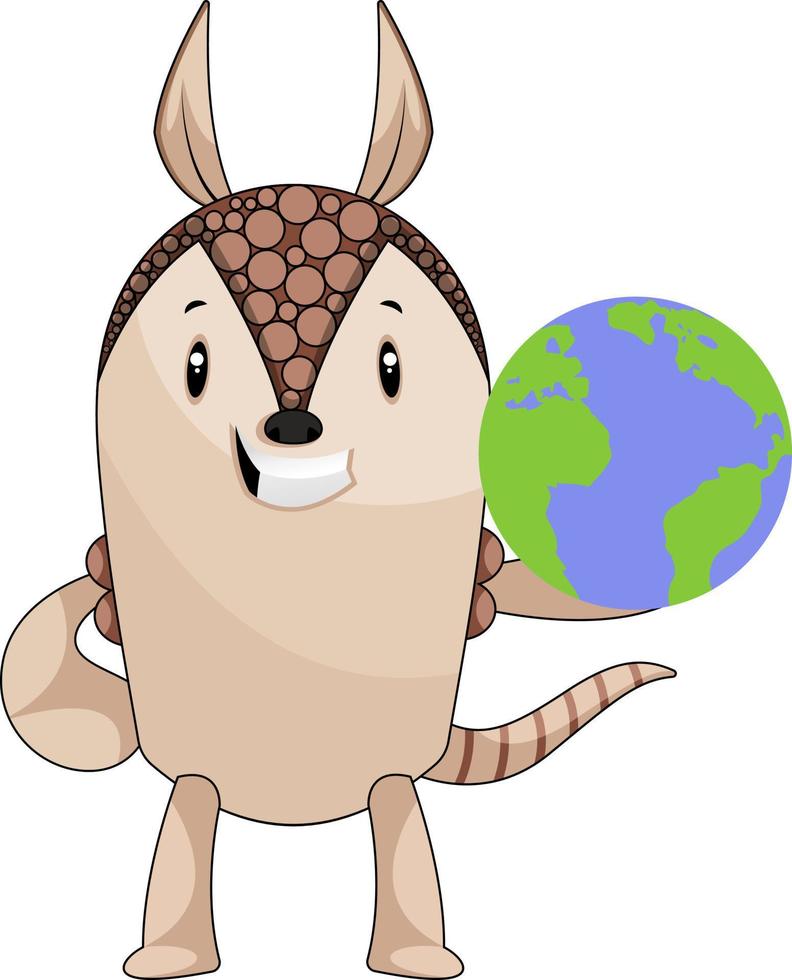 armadillo con el planeta tierra, ilustración, vector sobre fondo blanco.