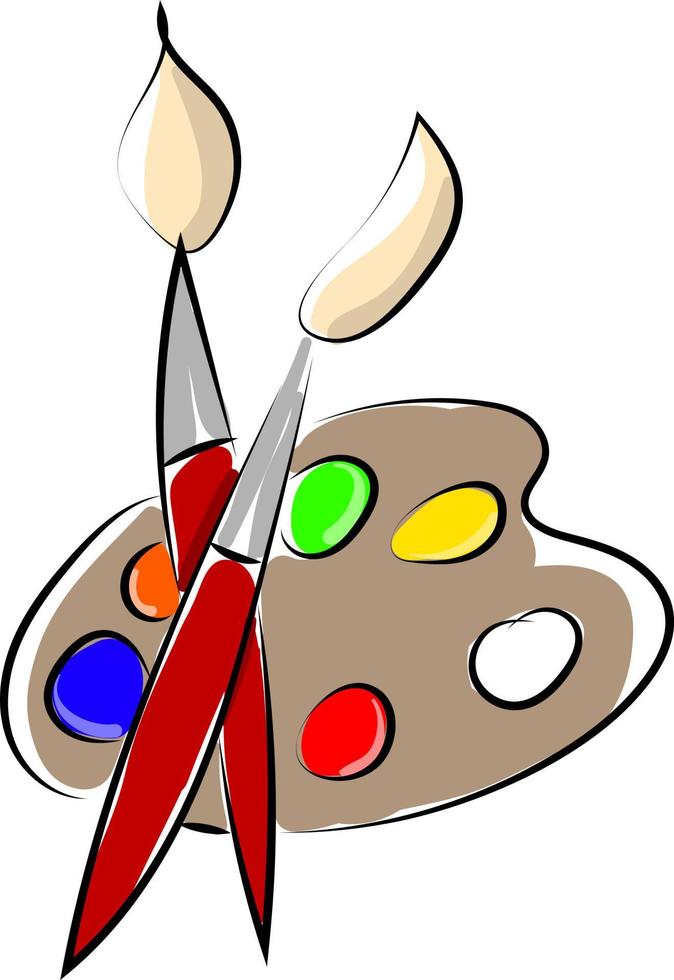 Paleta de colores con pinceles, ilustración, vector sobre fondo blanco.