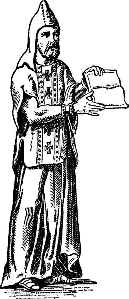 A Monk with a Pointed Hood and Crosses on His Habit vintage illustration. vector