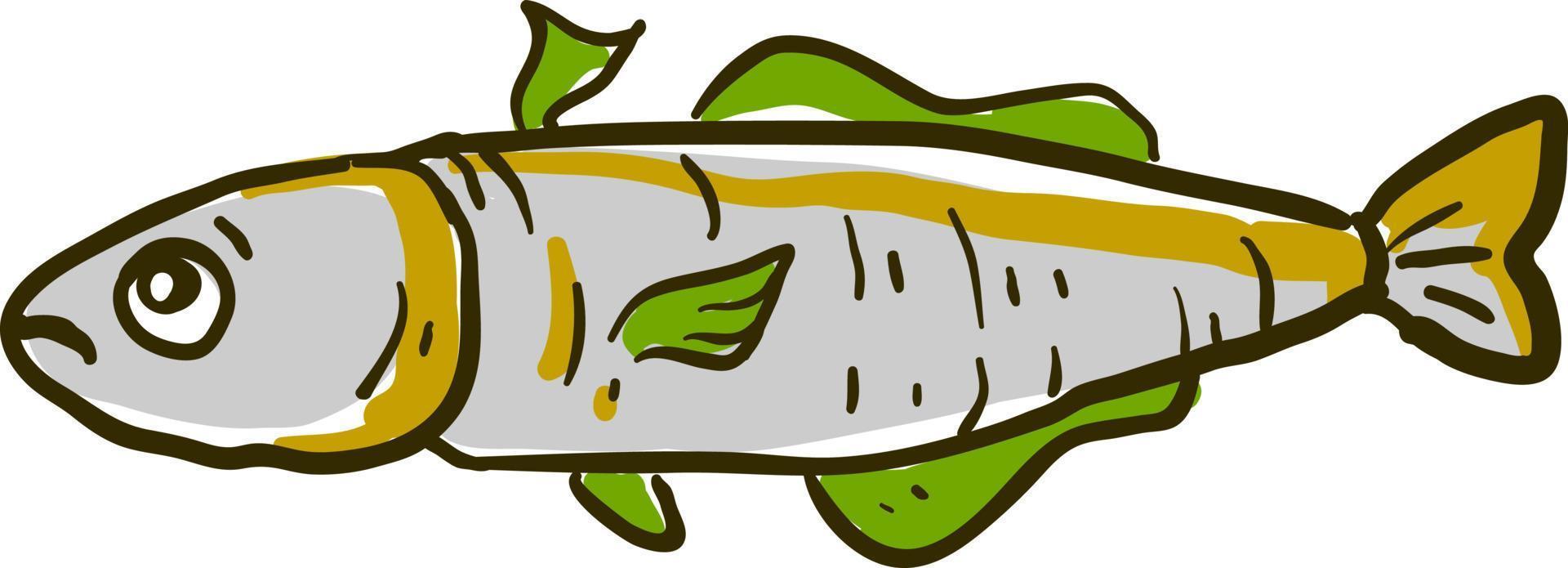 Pescado de merluza triste, ilustración, vector sobre fondo blanco.