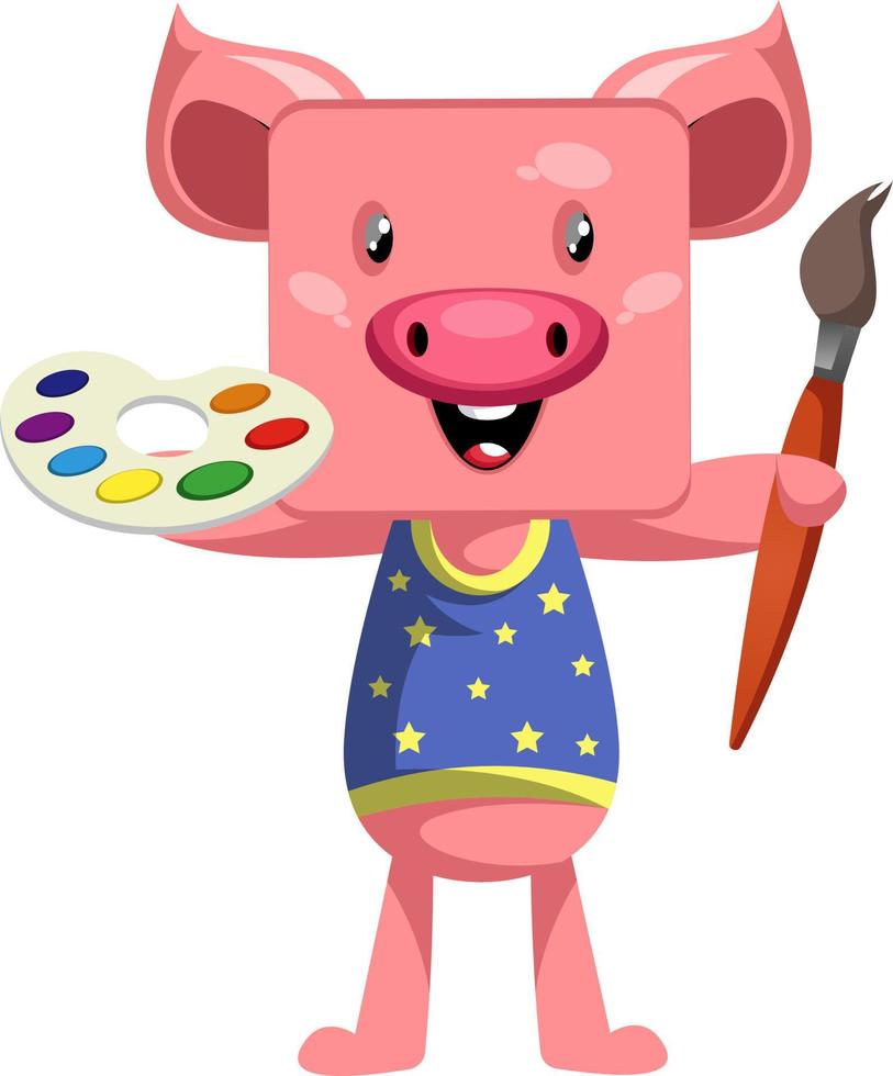 Pig with paintbrush, illustration, vector on white background.