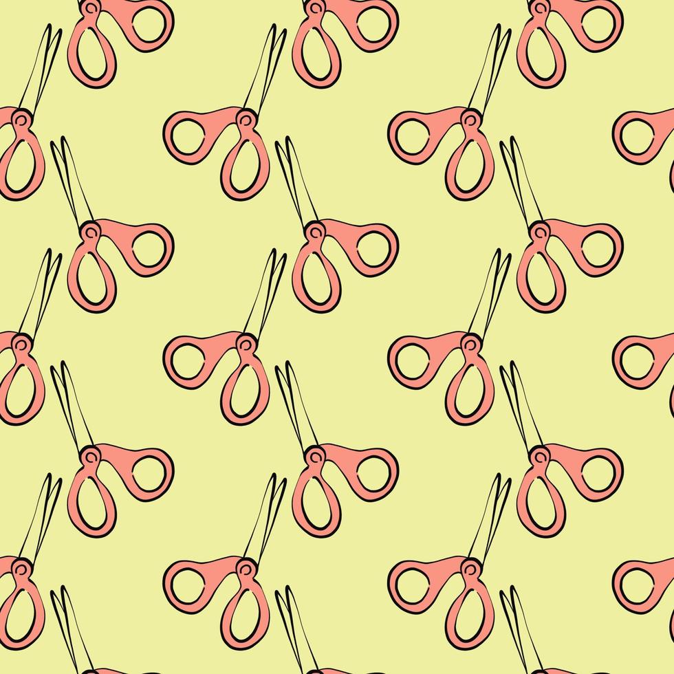 Red scissors,seamless pattern on yellow background. vector