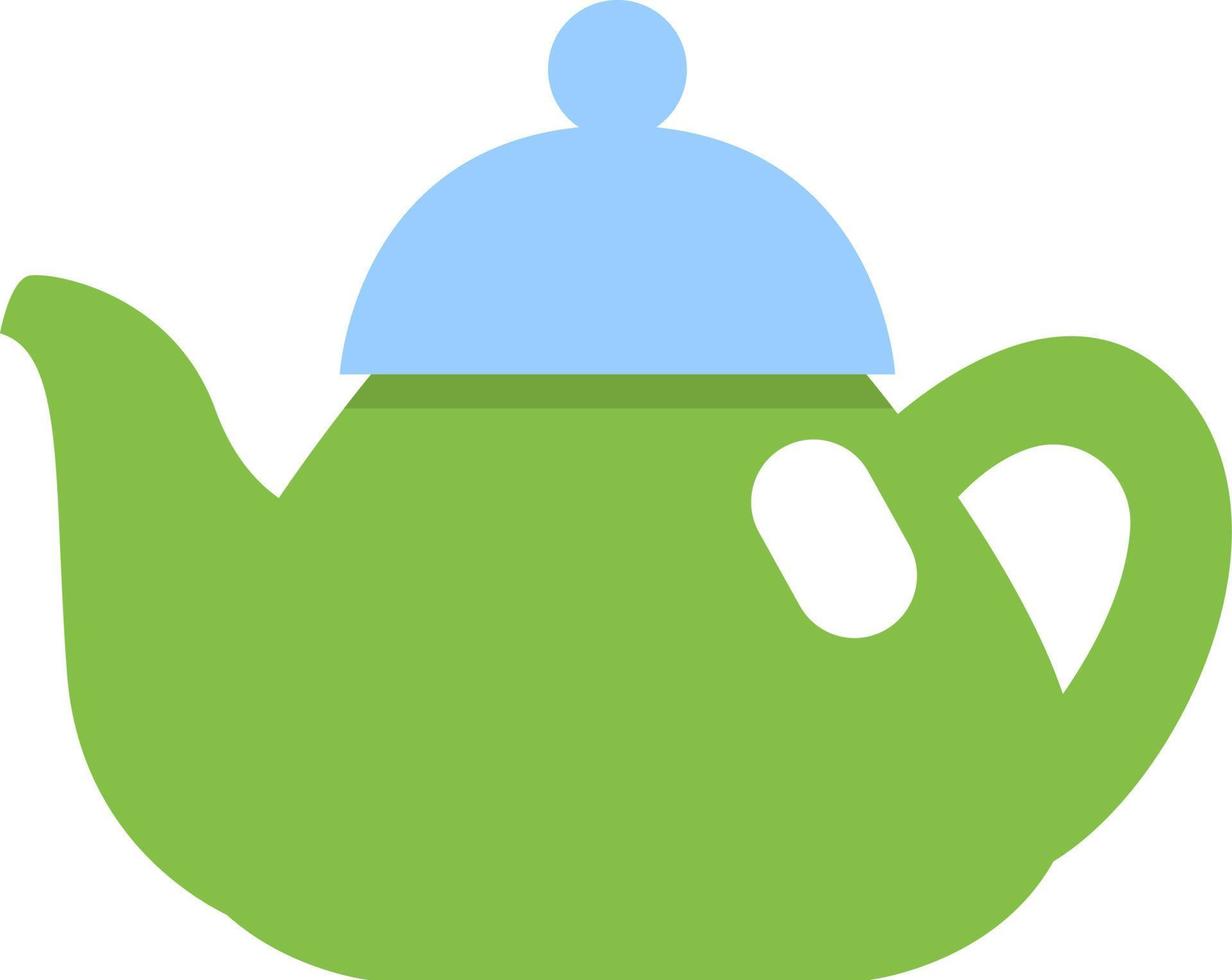 Green teapot with blue lid, illustration, vector on a white background.