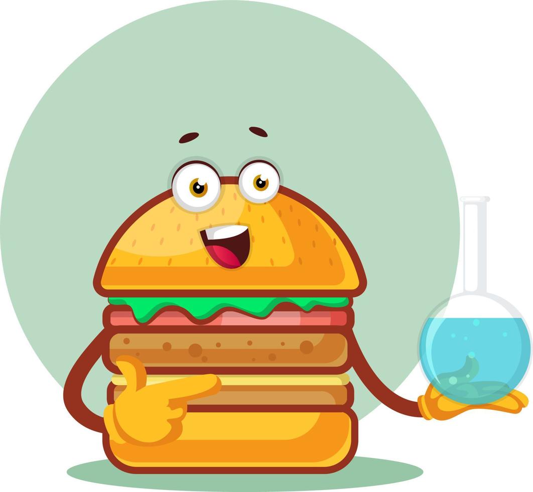 Burger is holding a laboratory flask, illustration, vector on white background.