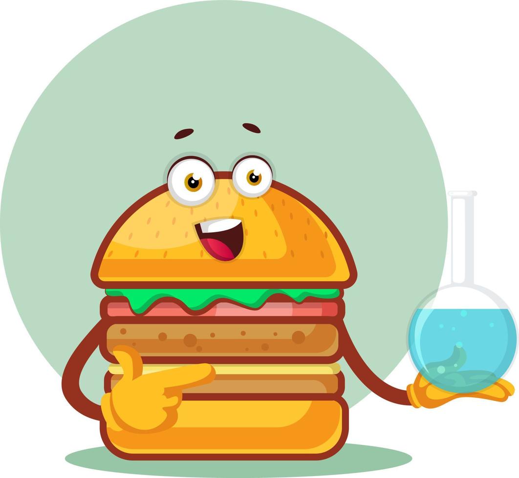 Burger está sosteniendo un matraz de laboratorio, ilustración, vector sobre fondo blanco.