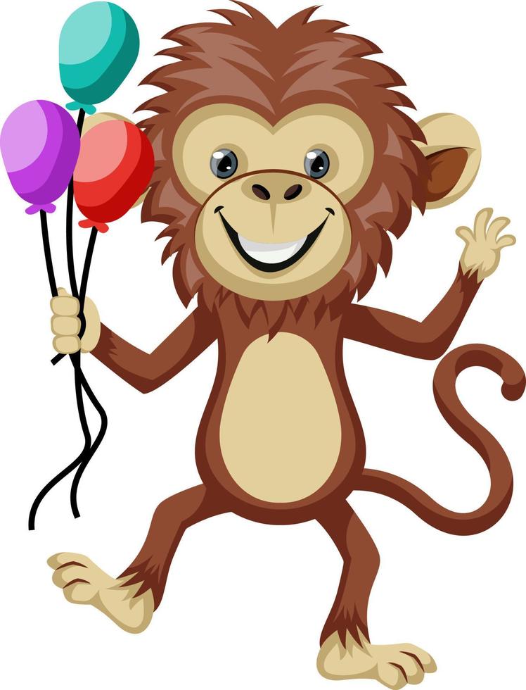 Monkey holding balloons, illustration, vector on white background.