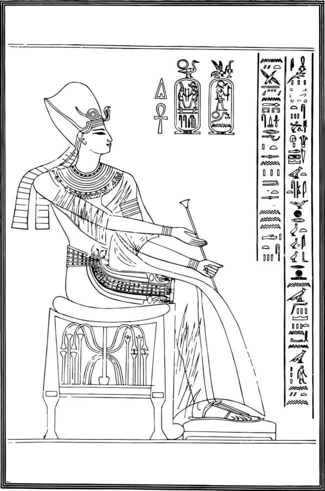 Seated Egyptian Figure with Hieroglyphics Pictured to the Right, vintage illustration. vector