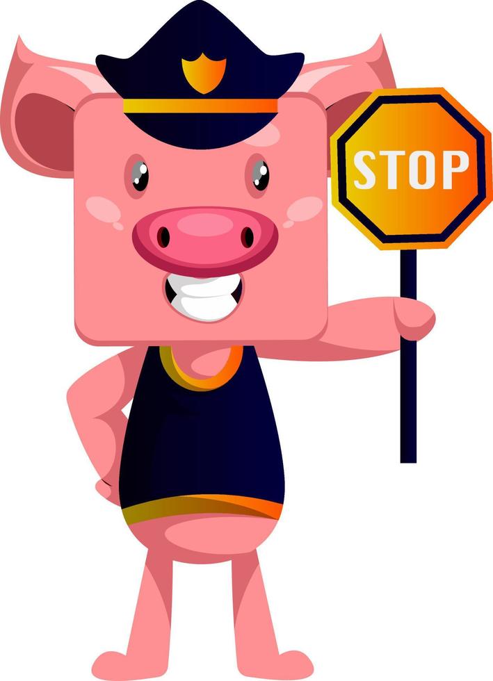 Cerdo con señal de stop, ilustración, vector sobre fondo blanco.