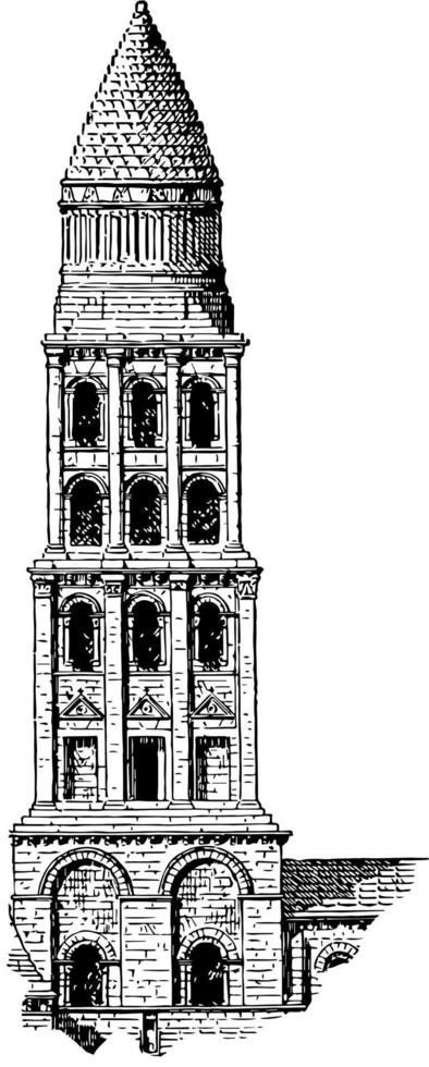 S t. torre delantera, centro, grabado antiguo. vector