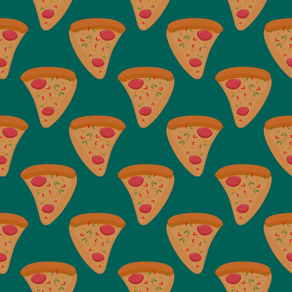 rebanadas de pizza, patrón sin costuras en un fondo verde. vector
