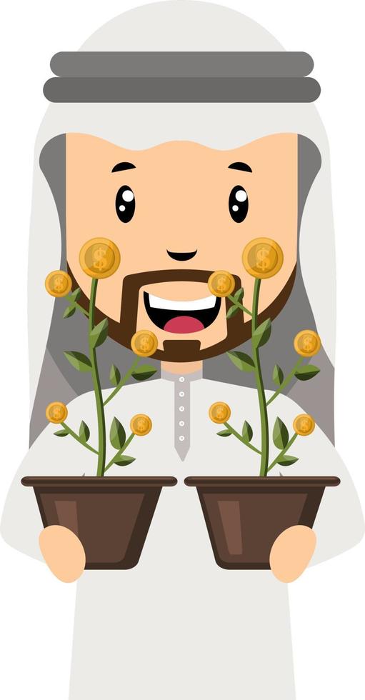 Arab holding flowers, illustration, vector on white background.