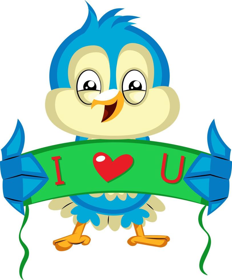 Blue bird holds a green i love you sign, illustration, vector on white background.