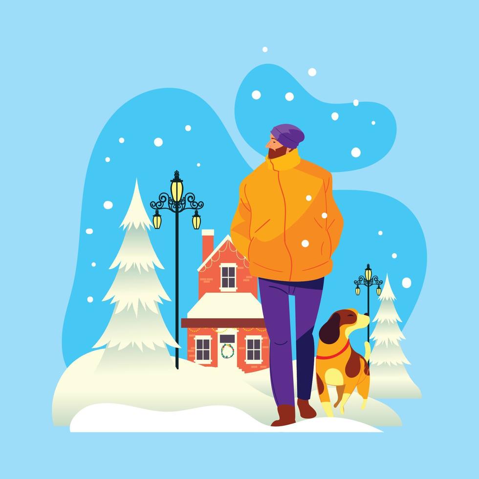 Man Walking With His Dog at The Winter vector