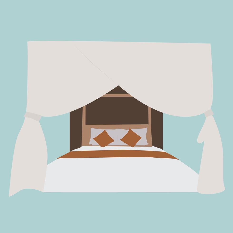 Bed with curtains, illustration, vector on white background.