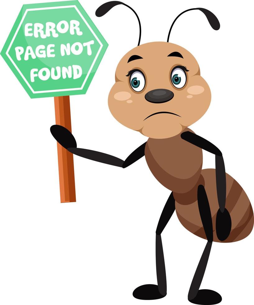 Ant holding 404 error sign, illustrator, vector on white background.