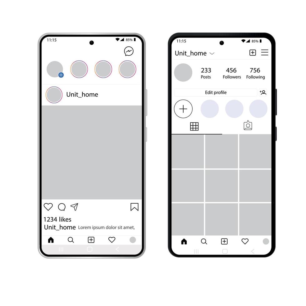 plantilla de interfaz de instagram móvil en blanco y negro vector