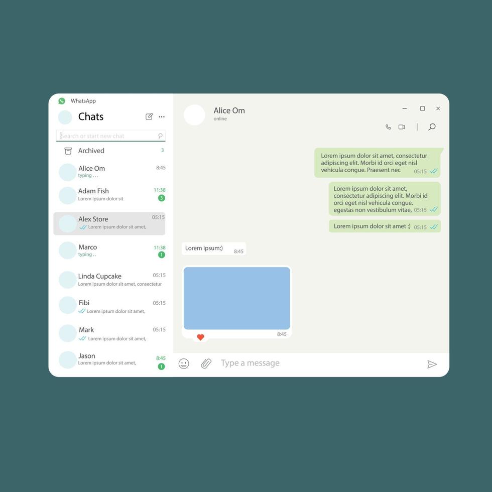 Whatsapp interface template for computer, PC. Web version of Whatsapp. vector