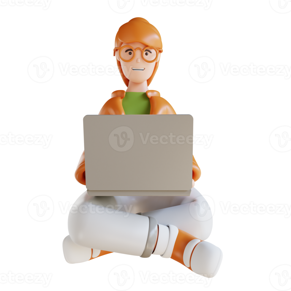 3D illustration business woman sitting with laptop png